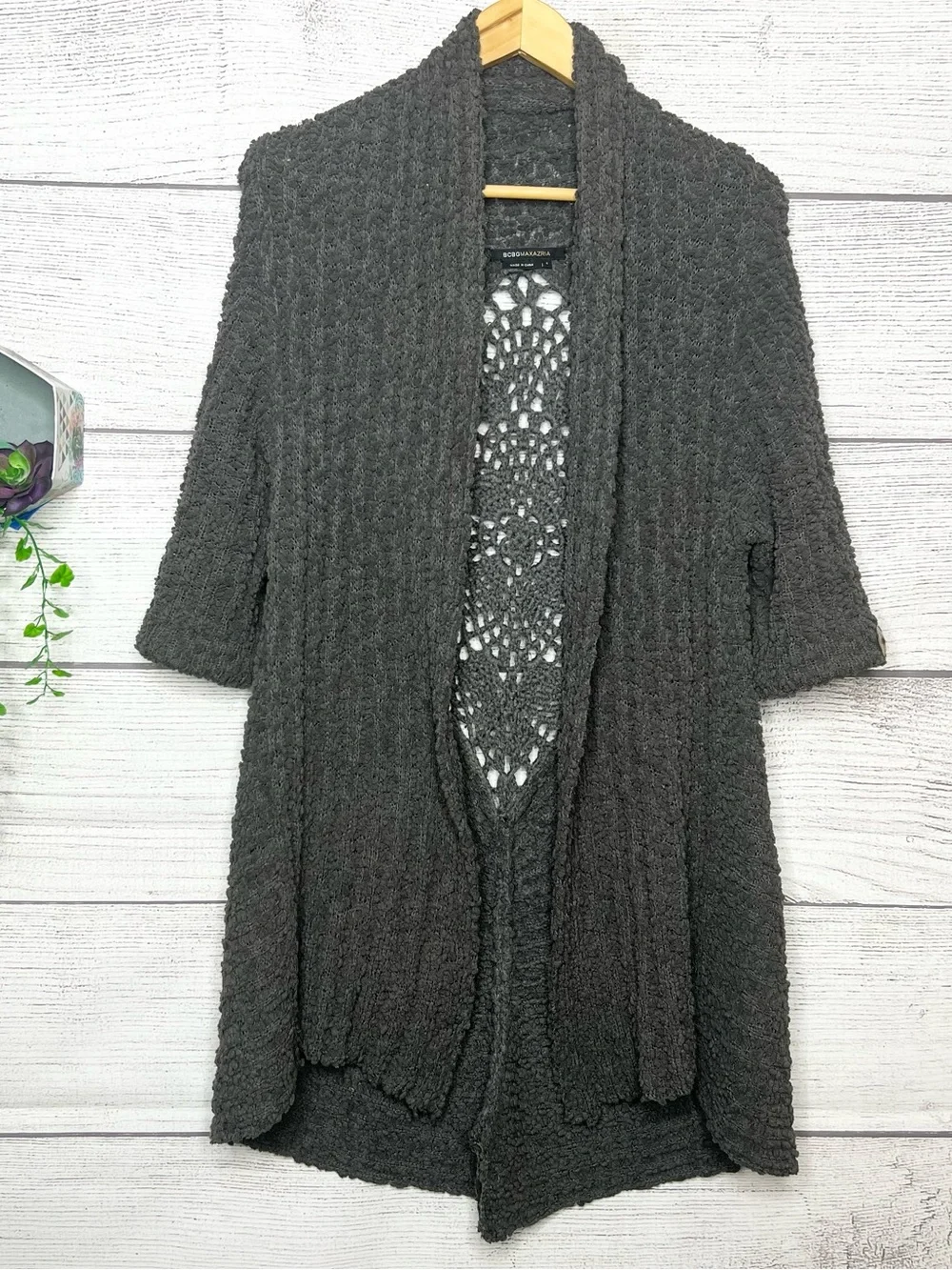 BCBGMaxAzria Charcoal Gray Textured Boho Crochet Back Cardigan Size Small